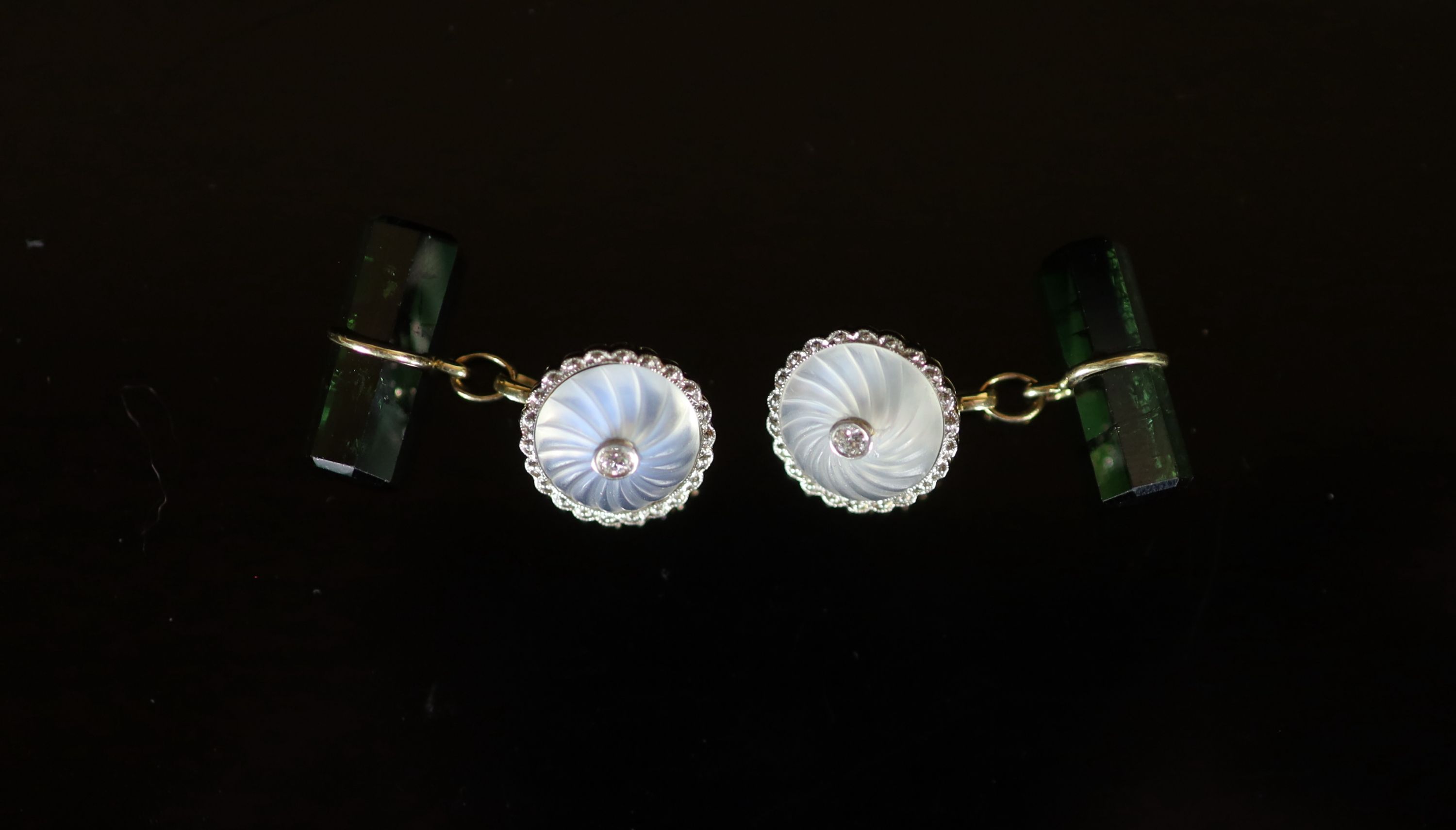 A pair of early 20th century gold, moonstone, diamond and tourmaline set cufflinks